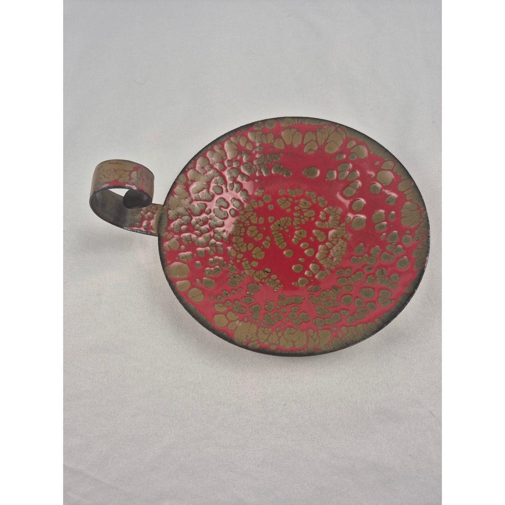 Vintage MCM Enamel Copper Candle Holder Red Gold Lava Glaze Chamberstick 4.5"‎